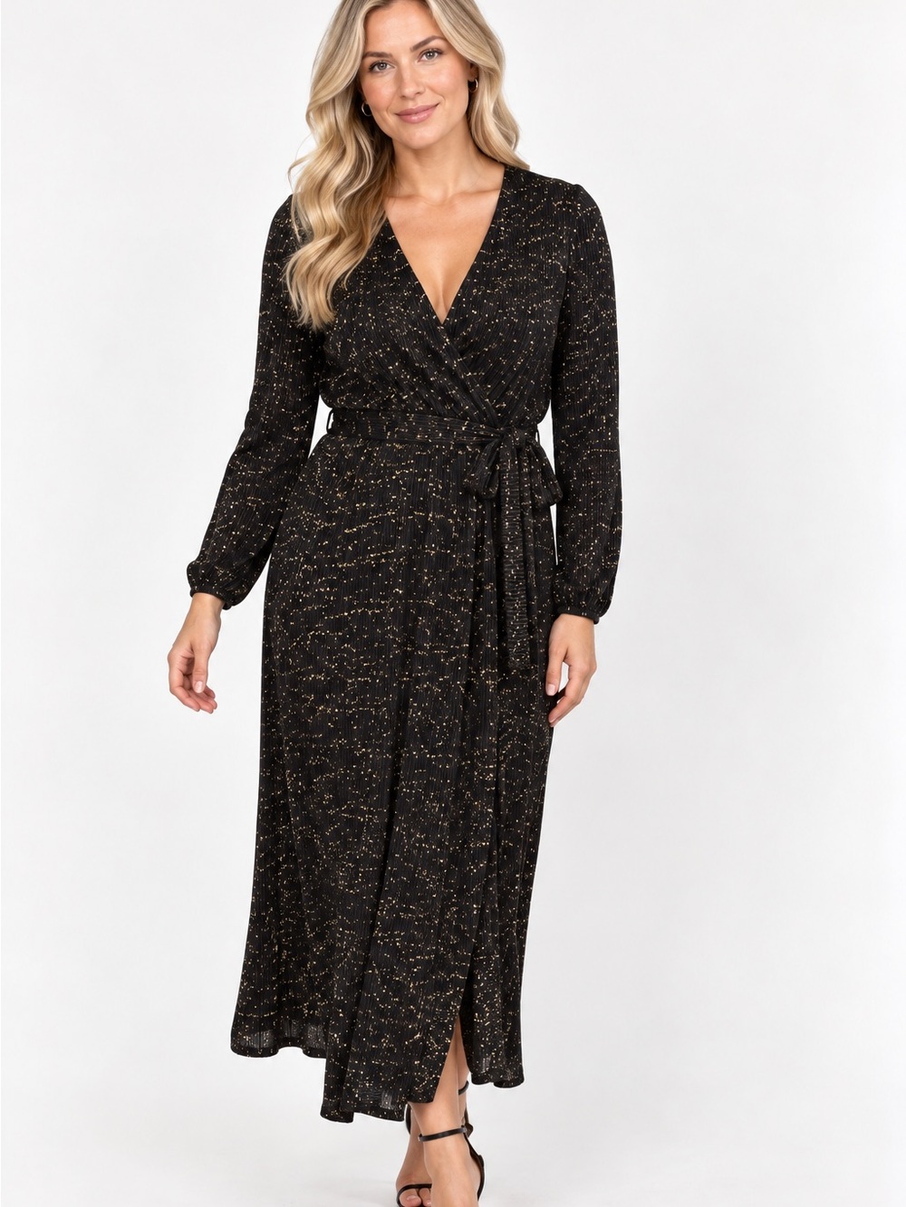 ASOS Black Plisse Long-Sleeve Wrap Dress with Gold Sparkle